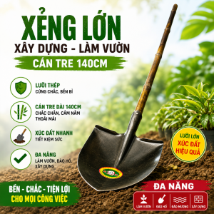 Xẻng lớn xây dựng, làm vườn cán tre 140cm